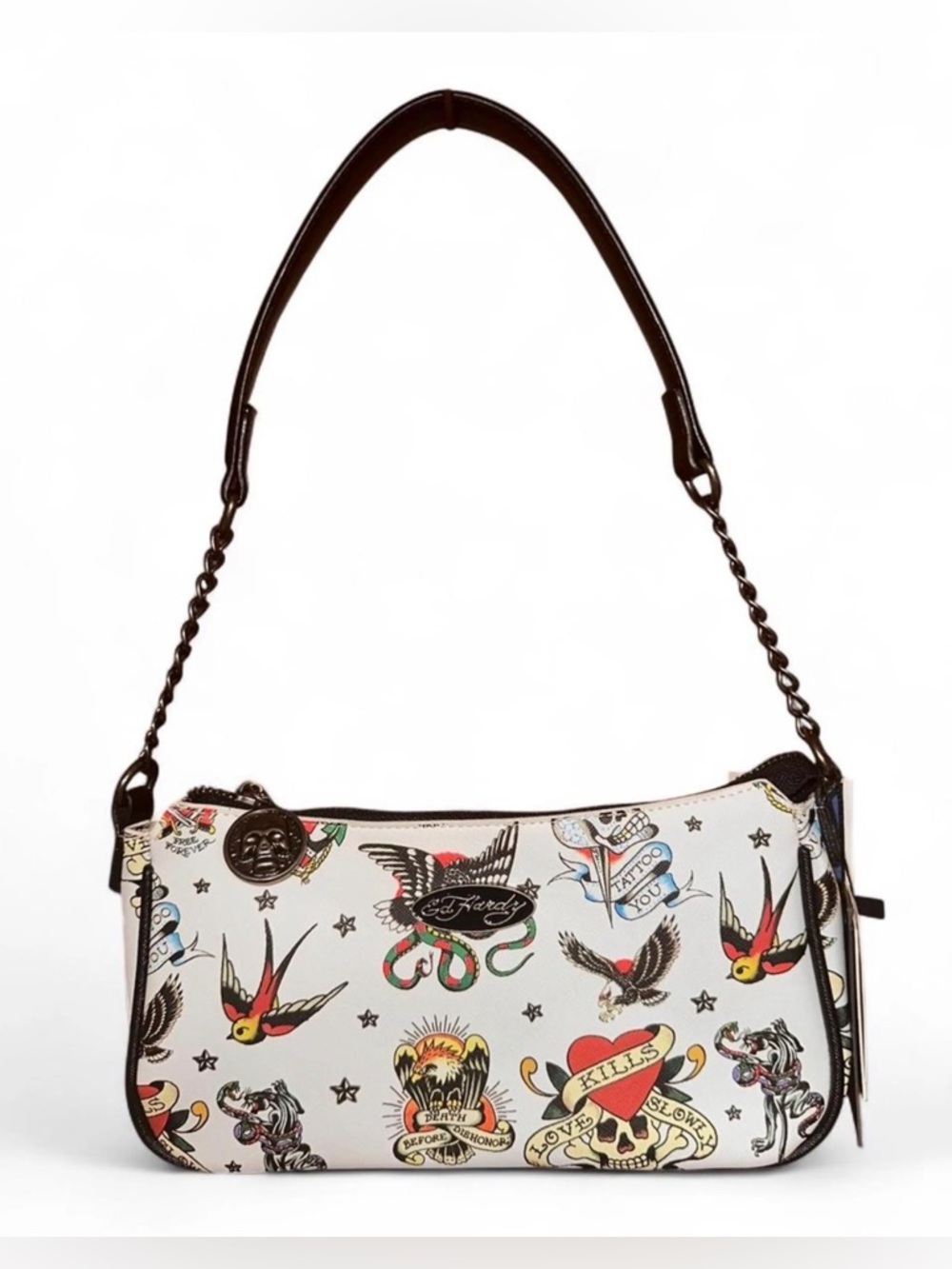 Ed Hardy White Tattoo-Print Shoulder Bag with Black Trim